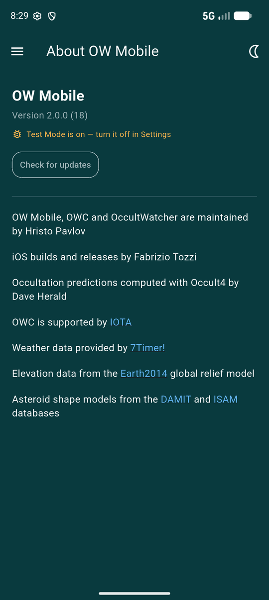 About OW Mobile showing the version, the Test Mode indicator, Check for updates, and the credits list