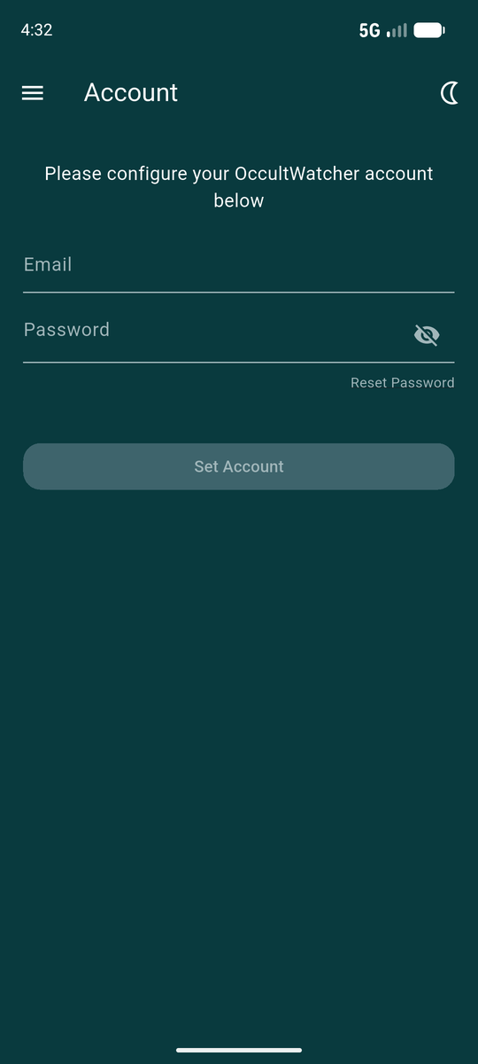 The Account screen with empty email and password fields