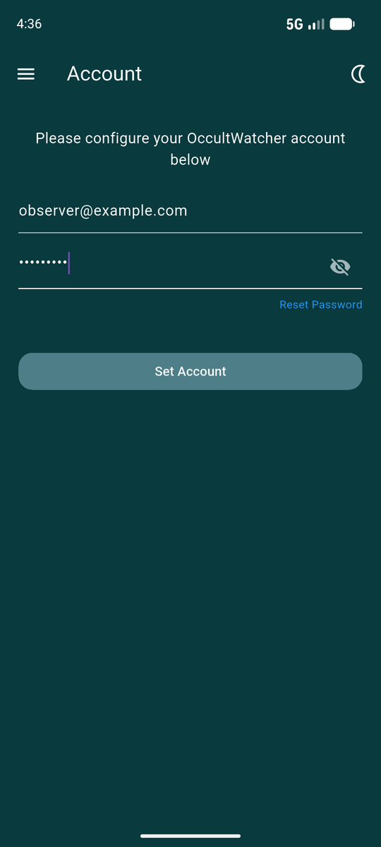 The Account form filled in, password masked, Set Account enabled