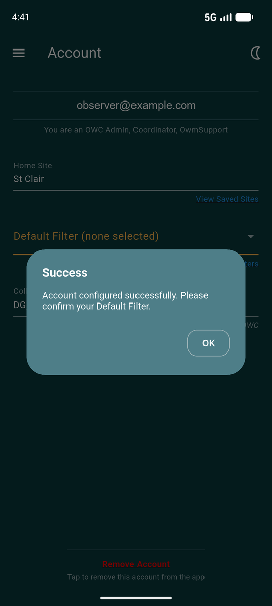 Success dialog reading Account configured successfully, please confirm your Default Filter