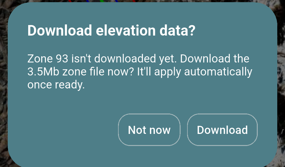 Dialog asking whether to download the elevation zone, naming the zone and its size