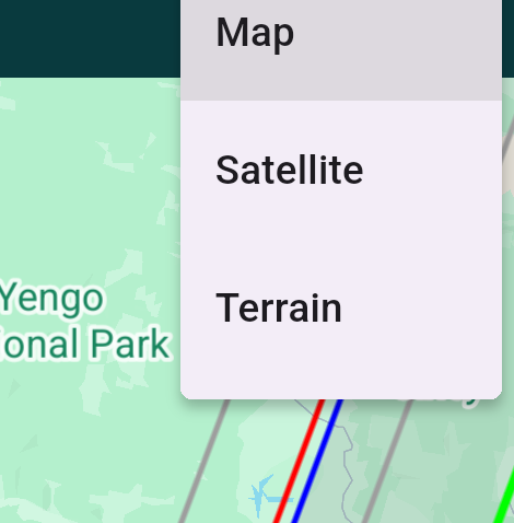 The layer menu offering Map, Satellite and Terrain