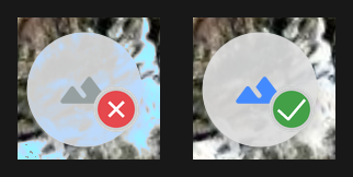 The terrain icon in both states: grey with a red cross when correction is available but not applied, blue with a green tick once it is