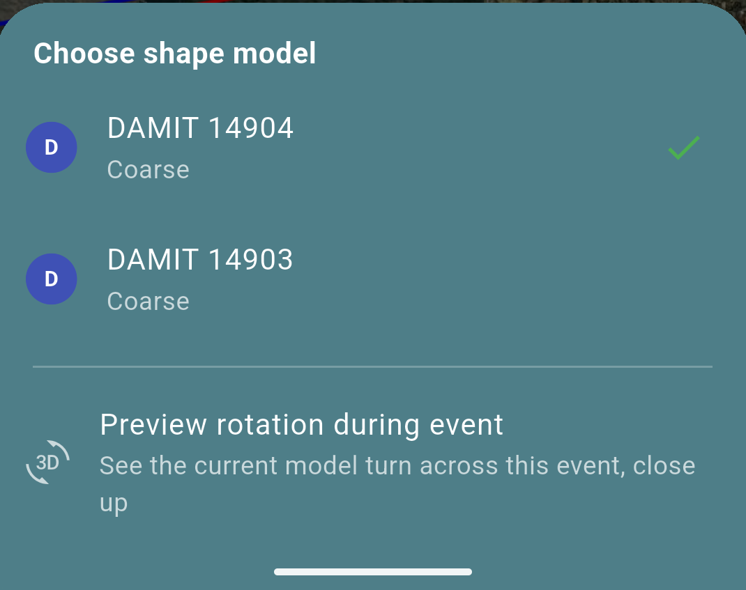 Choose shape model sheet listing DAMIT and ISAM entries for the asteroid, with the server's preferred one marked
