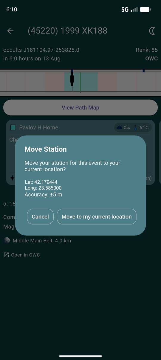 Move Station confirmation showing latitude, longitude and accuracy