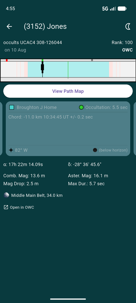 Another observer's station card showing a green circle and a measured occultation duration