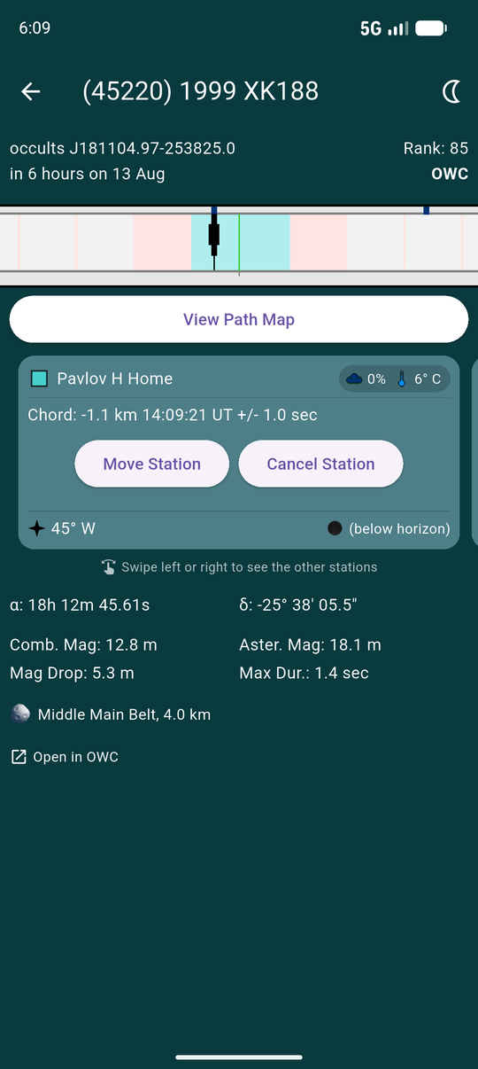 An upcoming station card showing Move Station and Cancel Station buttons and a weather badge