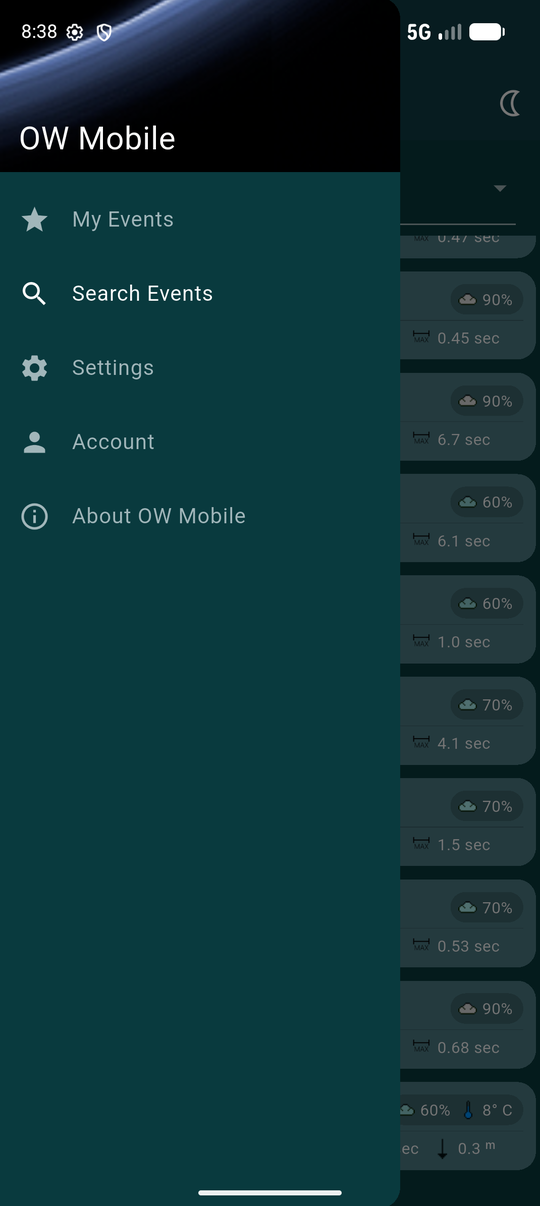 The navigation drawer listing My Events, Search Events, Settings, Account and About OW Mobile