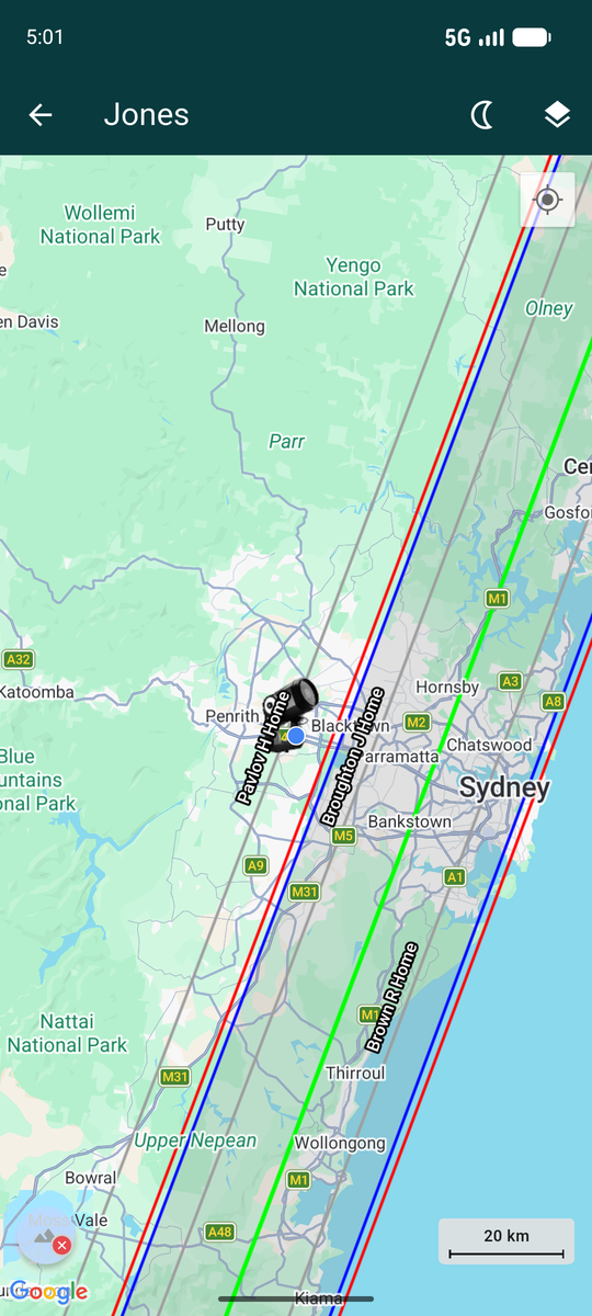 The path map over Sydney showing the shadow band, centre line, sigma limits and three named station chords