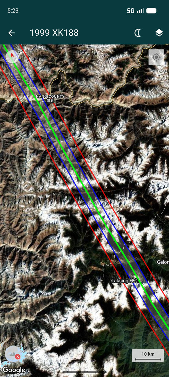 Straight path lines crossing a mountainous region