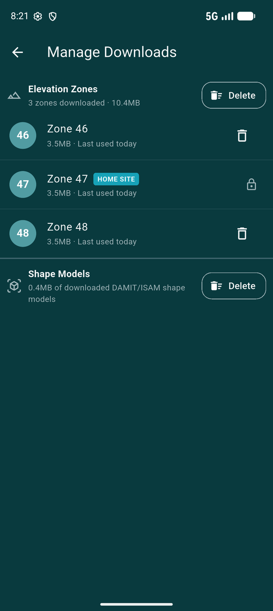 The Manage Downloads screen: an Elevation Zones section listing two zones, one badged HOME SITE with a padlock, and a Shape Models section below with its own size and Delete button