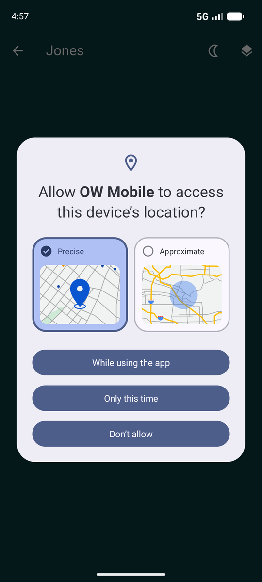 Android asking whether OW Mobile may access the device location, with Precise and Approximate options