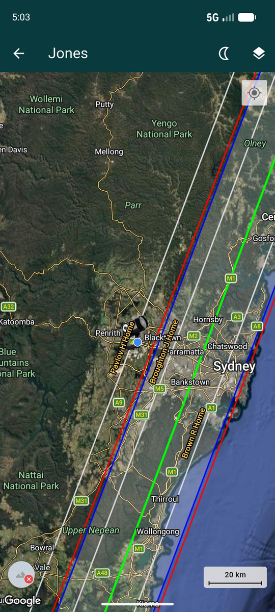 The same path over satellite imagery, with the chord names now in amber