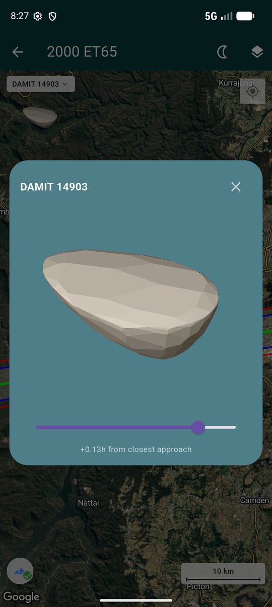 Rotation preview dialog for DAMIT 14903, a wedge-shaped model, with the slider dragged to +0.13h from closest approach