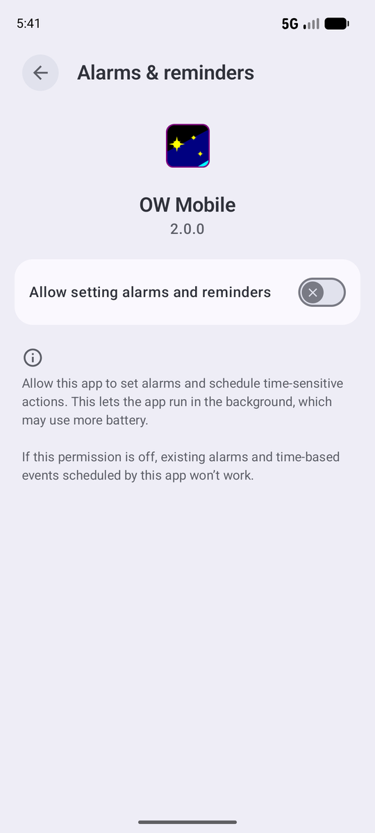 Android's Alarms and reminders page for OW Mobile with the toggle off