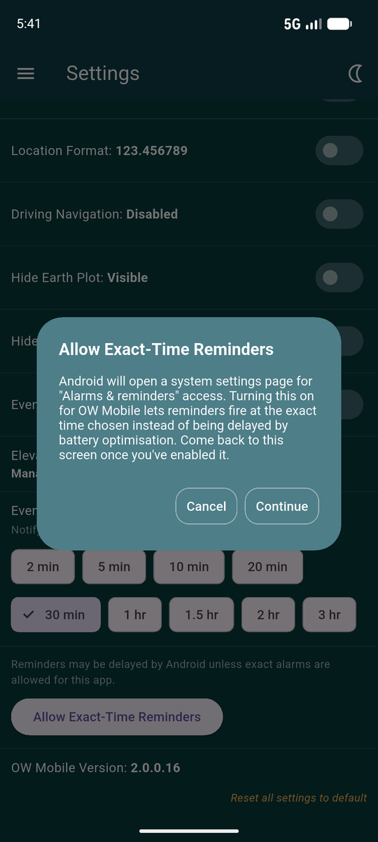 The app explaining that Android will open a system settings page for Alarms and reminders