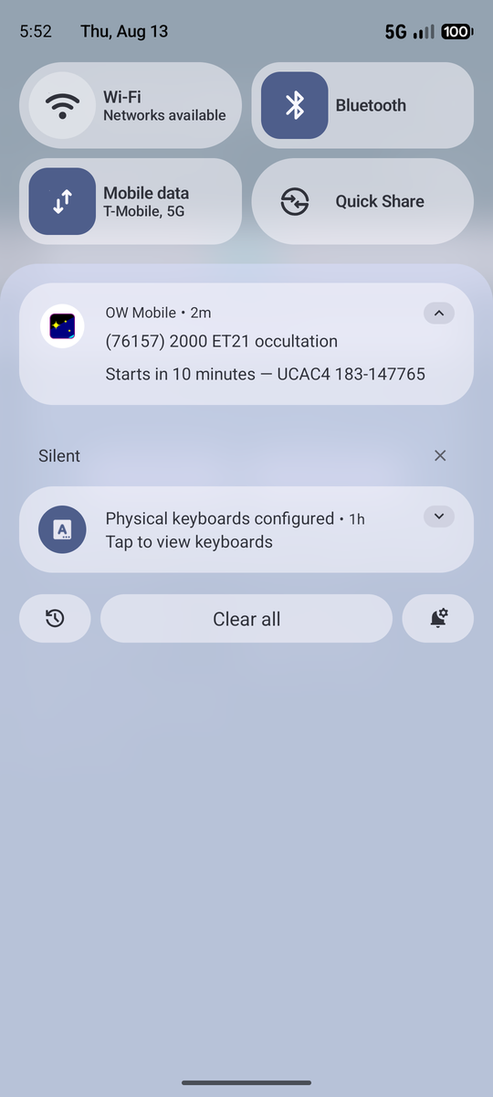 A reminder notification in the shade reading that an occultation starts in 10 minutes