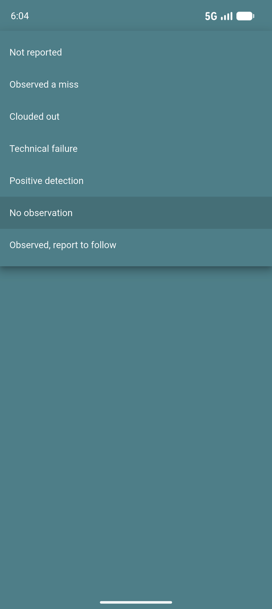 The outcome dropdown open, listing all six outcomes