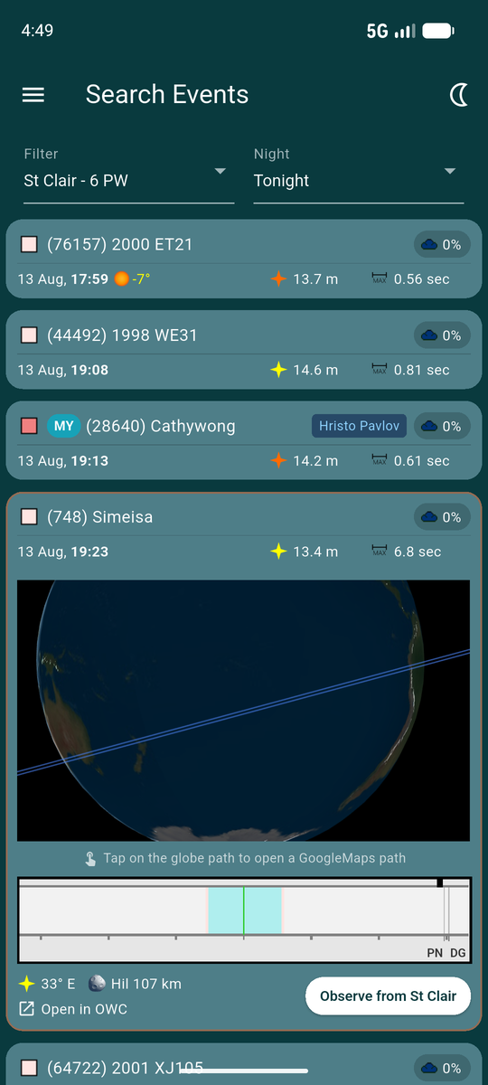 An expanded result showing the globe, the shadow path plot, star altitude, asteroid class and an Observe from button
