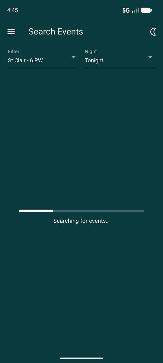 Search Events showing a progress bar and the caption Searching for events