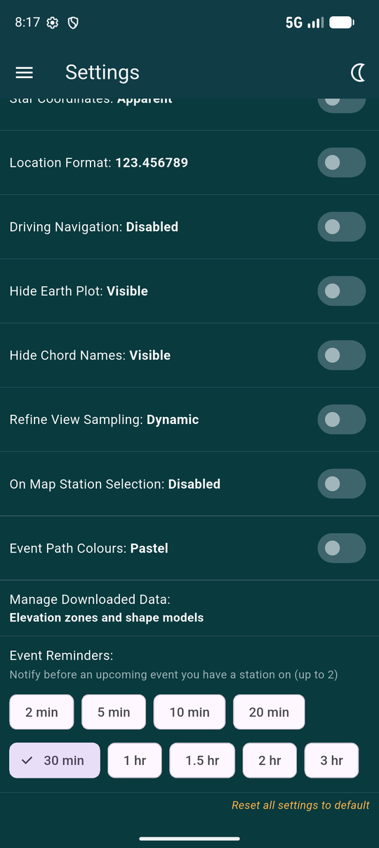 The lower part of Settings showing map options, Manage Downloaded Data, reminder lead times and the reset link