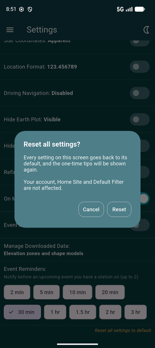 The Reset all settings confirmation dialog