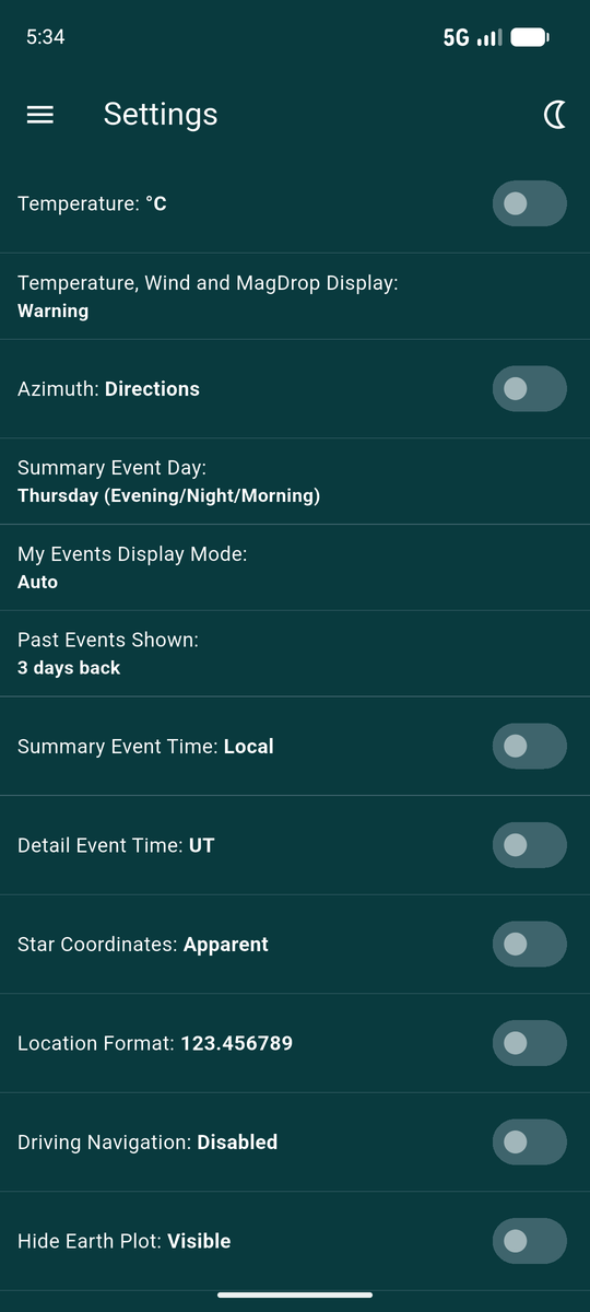 The top of the Settings screen showing units, display and time format options